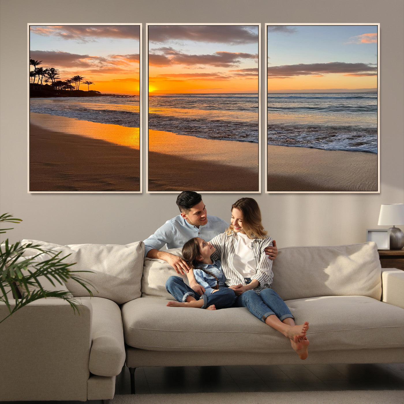 Canvas of a tropical beach at sunset with golden reflections and palm trees, perfect for vibrant coastal or island-style decor.