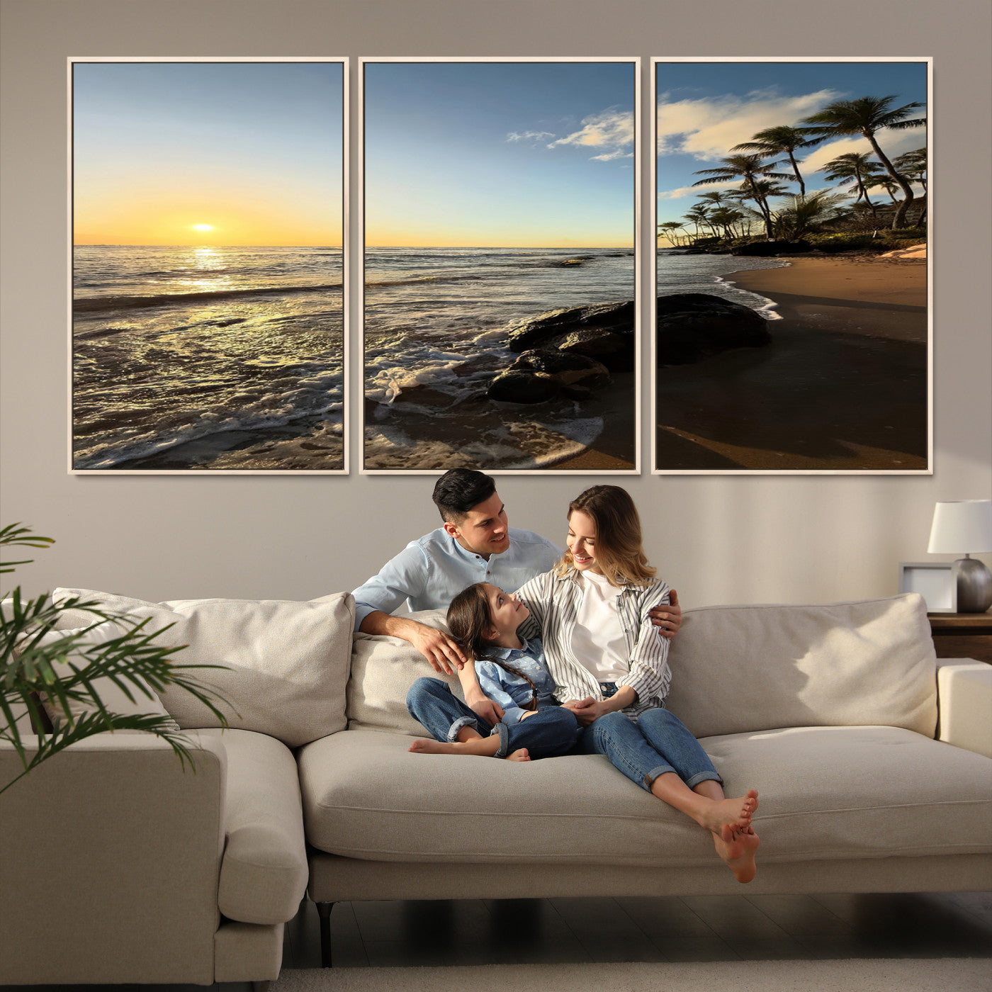 Canvas of a golden sunset on a tropical beach with palm trees and calm waves, perfect for coastal or island-themed home decor.