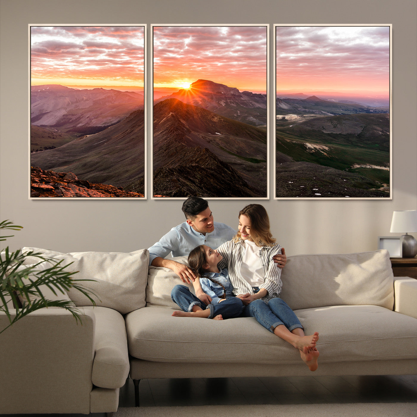 Canvas showing a mountain ridge at sunrise with golden light and dramatic clouds, perfect for nature or rustic-inspired wall decor.
