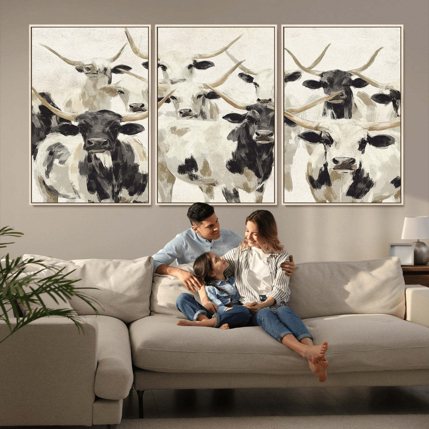 MGV-FC-60X30-3P - Longhorn Texas Cow Drawing Abstract Wall Art Canvas Print for Farmhouse Decor, Texas Bull Printing