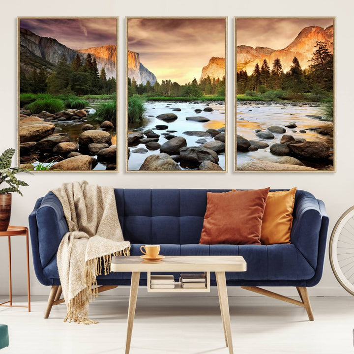 A tranquil riverside sunset mirrors the beauty of a Yosemite wall art masterpiece like the Large El Capitan Print.