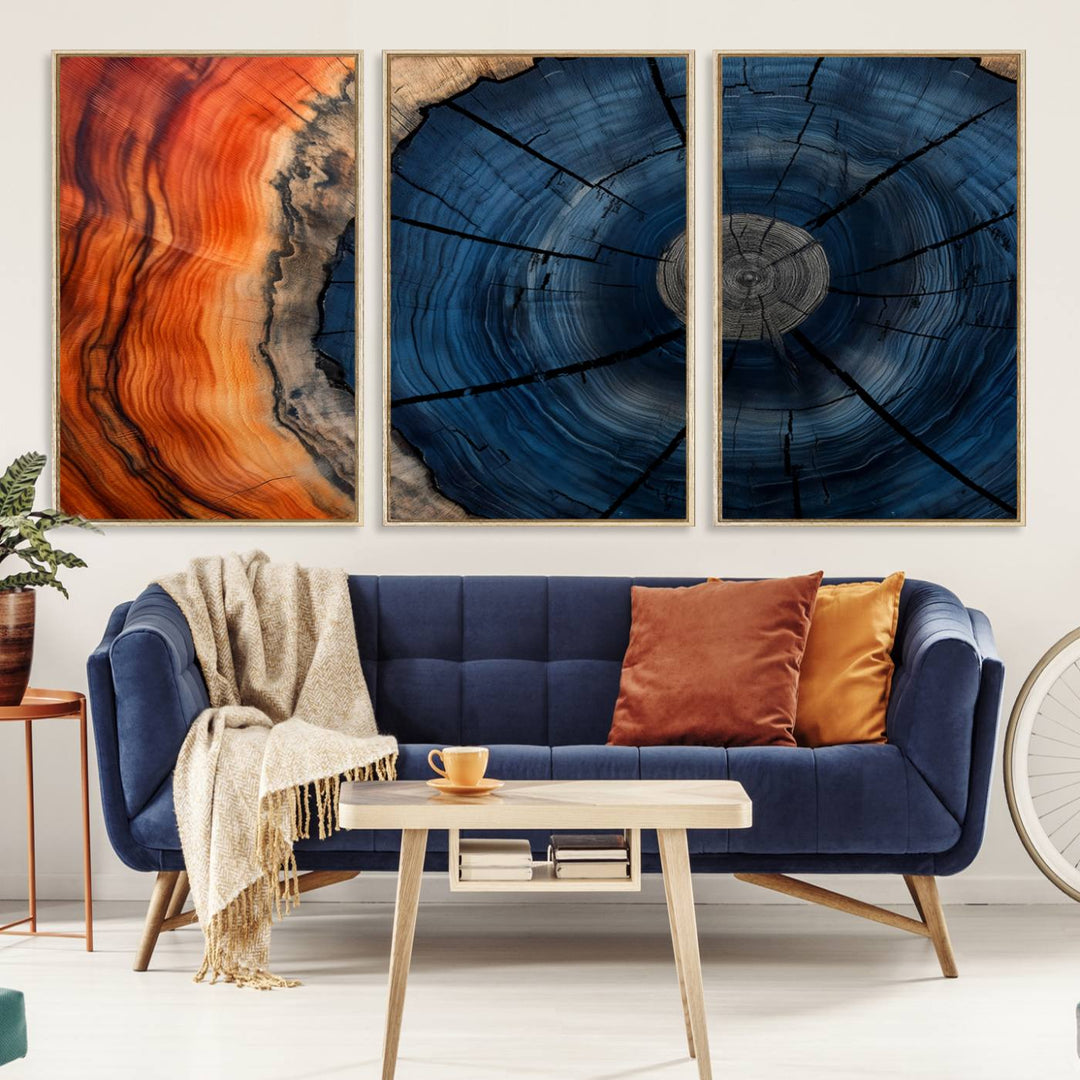 Abstract Tree Rings Canvas Print with vibrant colors—ideal farmhouse wall art for a woodland-themed home.