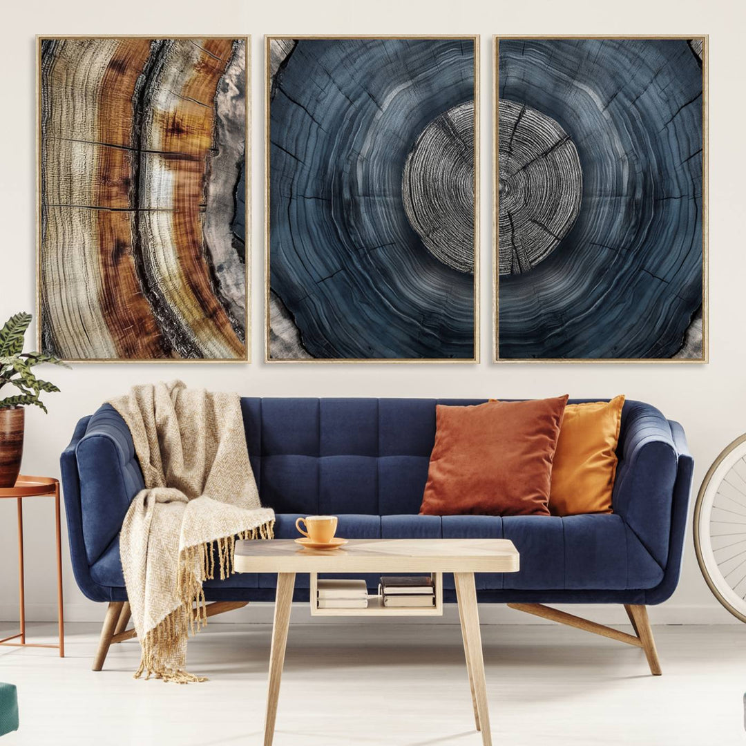 Close-up of the Abstract Tree Rings Wall Art Print featuring shades of blue, brown, and gray.