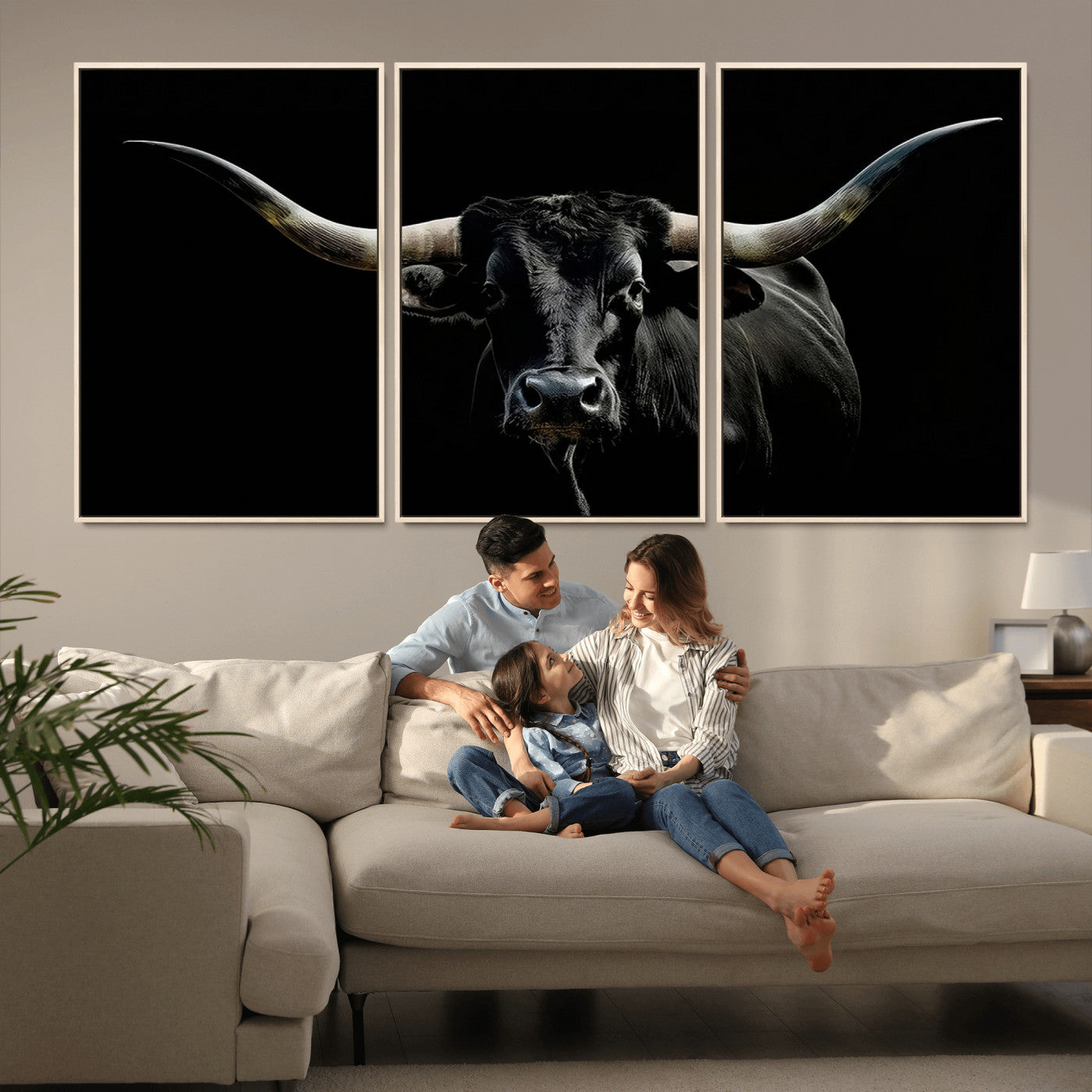 MGV-FC-60X30-3P - Texas Black Bull Wall Art Print, Longhorn Bull Canvas Wall Art