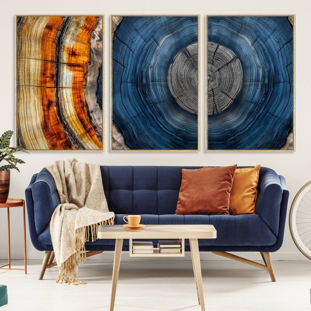 Vibrant Abstract Tree Rings in Orange, Brown, and Blue - Canvas Print for Nature Woodland Wall Decor.