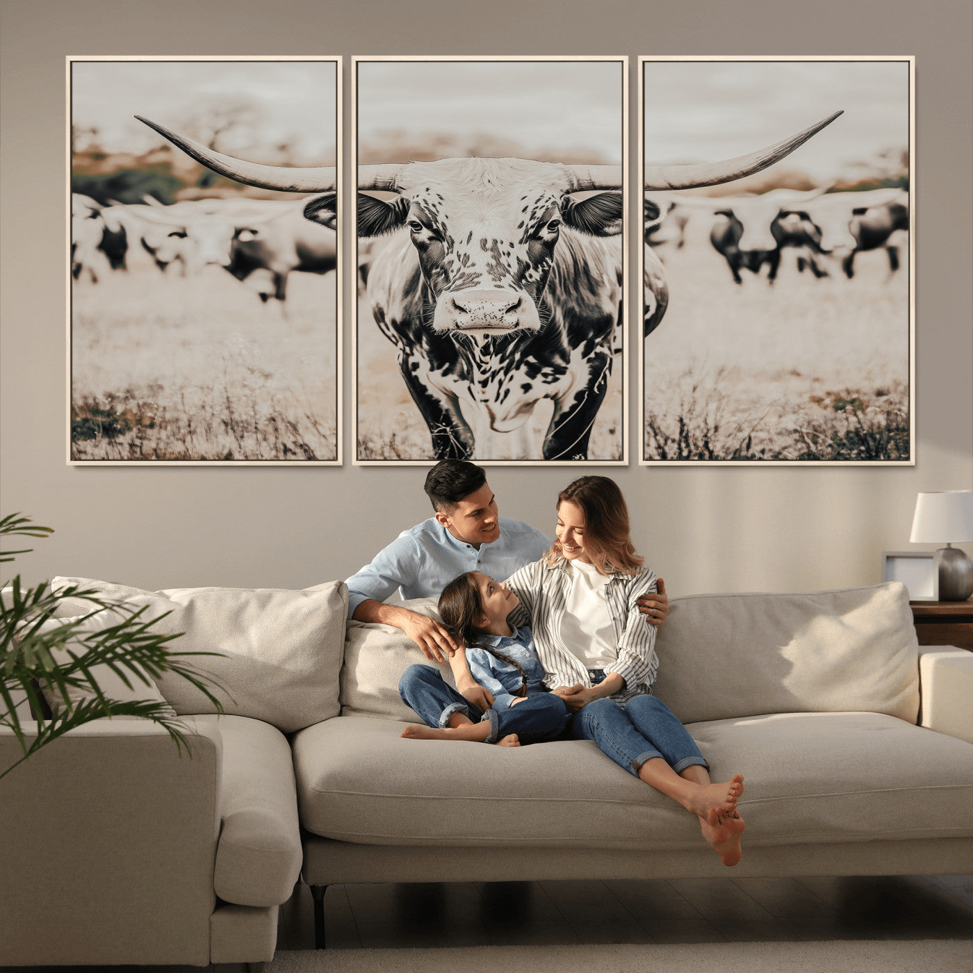 MGV-FC-60X30-3P - Texas Longhorn Wall Art Canvas Print, Framed Speckled Cow Art Picture Print, Horned Cattle Perfect Rustic Western Decor Artwork