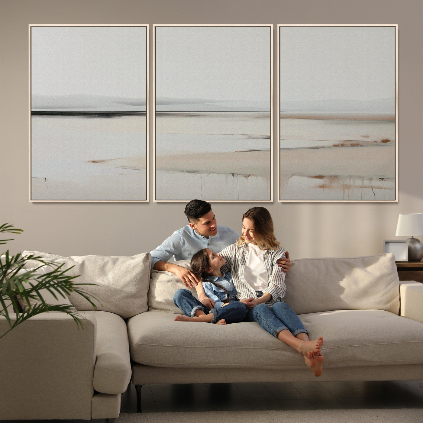 89410095-MGV-FC-60X30-3P_Natural-Minimalist Landscape Wall Art Canvas Print, Framed Soft Horizon Art Picture Print, Abstract Seascape Perfect Minimalist Earthy Decor, Framed
