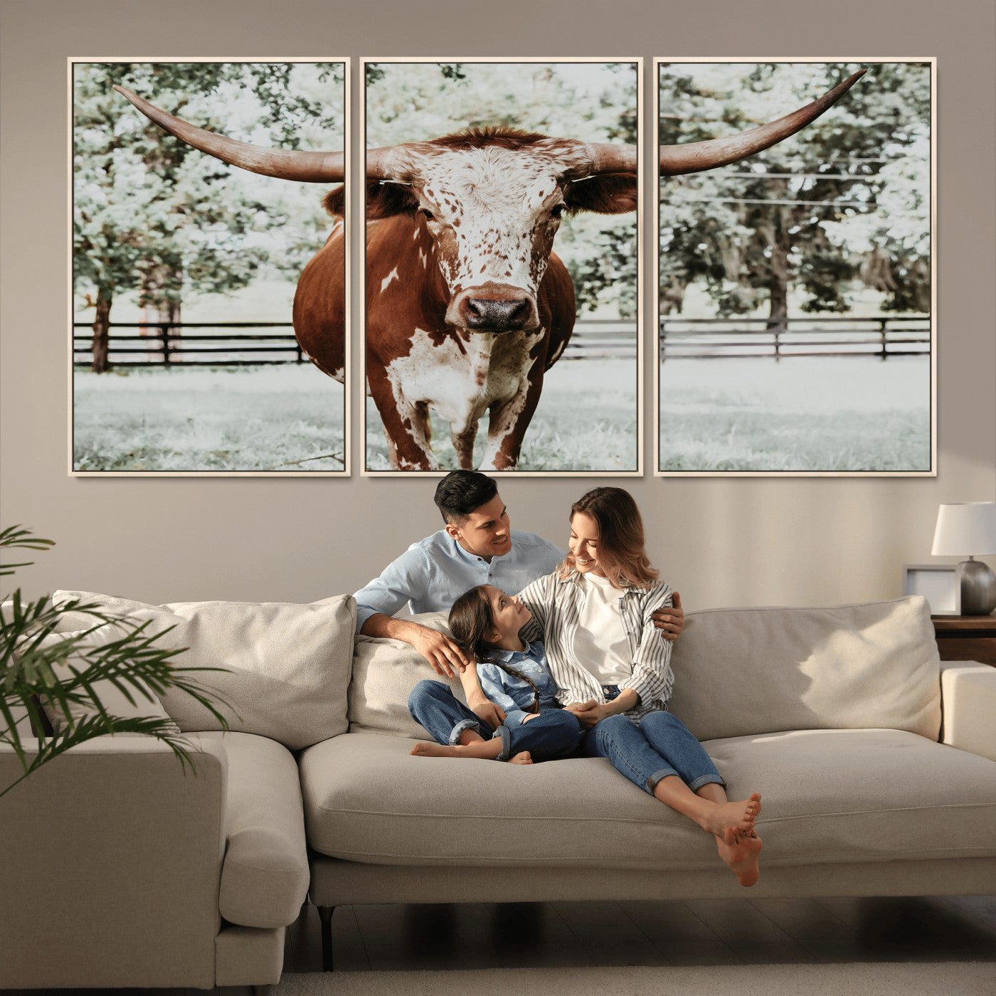 MGV-FC-60X30-3P - Texas Longhorn Wall Art Canvas Print, Framed Spotted Cow Art Picture Print, Horned Cattle Perfect Rustic Western Decor Artwork