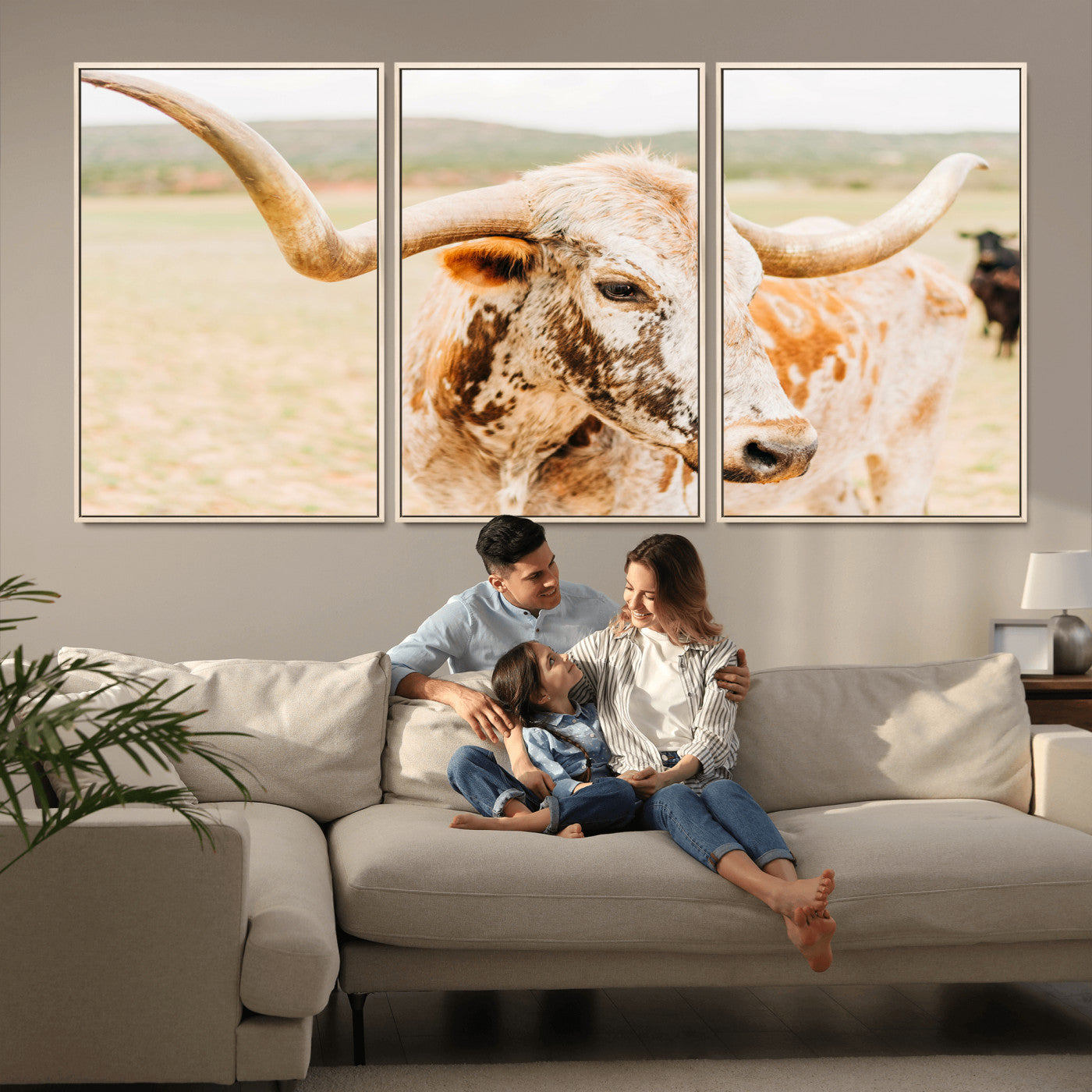 MGV-FC-60X30-3P - Texas Longhorn Wall Art Canvas Print, Framed Spotted Cow Art Picture Print, Horned Cattle Perfect Rustic Western Decor Artwork
