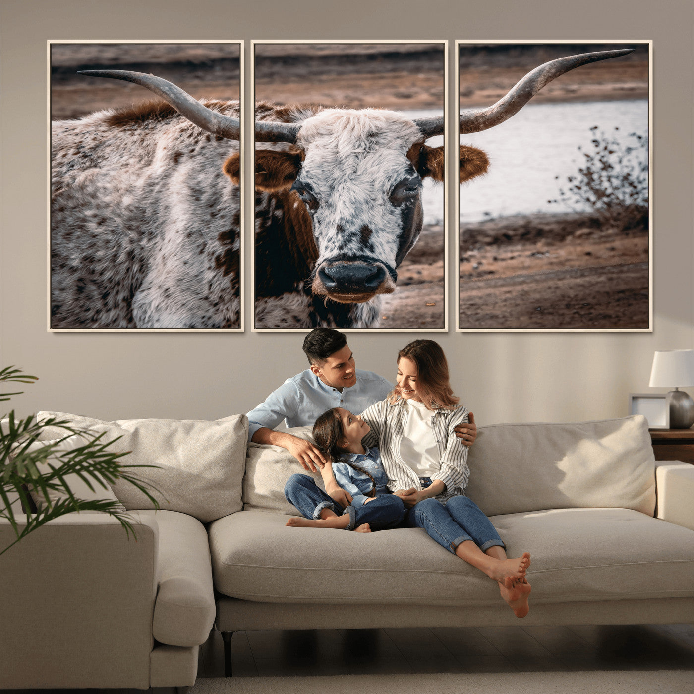 MGV-FC-60X30-3P - Texas Longhorn Wall Art Canvas Print, Framed Spotted Cow Art Picture Print, Horned Cattle Perfect Rustic Western Decor Artwork