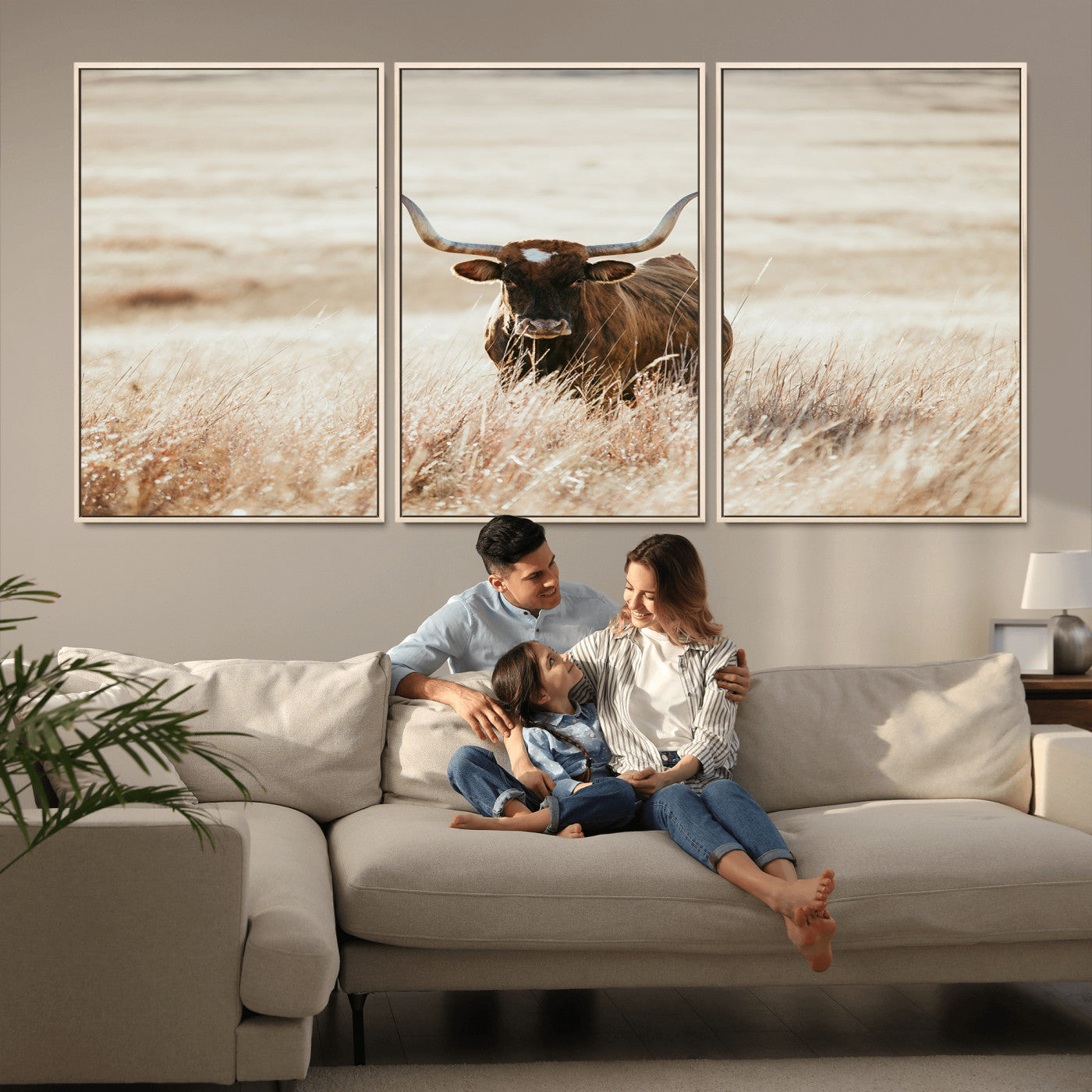 MGV-FC-60X30-3P - Texas Longhorn Wall Art Canvas Print, Framed Brown Cattle Art Picture Print, Horned Bull Perfect Rustic Western Decor Artwork