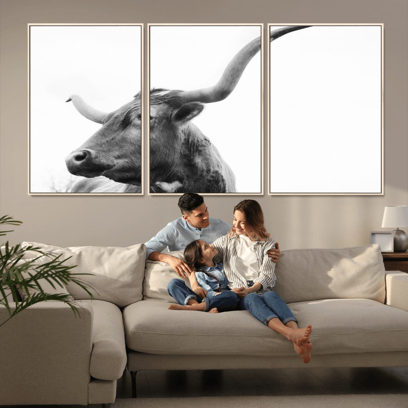 MGV-FC-60X30-3P - Longhorn Wall Art Wall Art Canvas Print, Framed Modern Ranch Style Art Art Picture Print, Monochrome Cow Print Perfect Rustic Western Decor Artwork