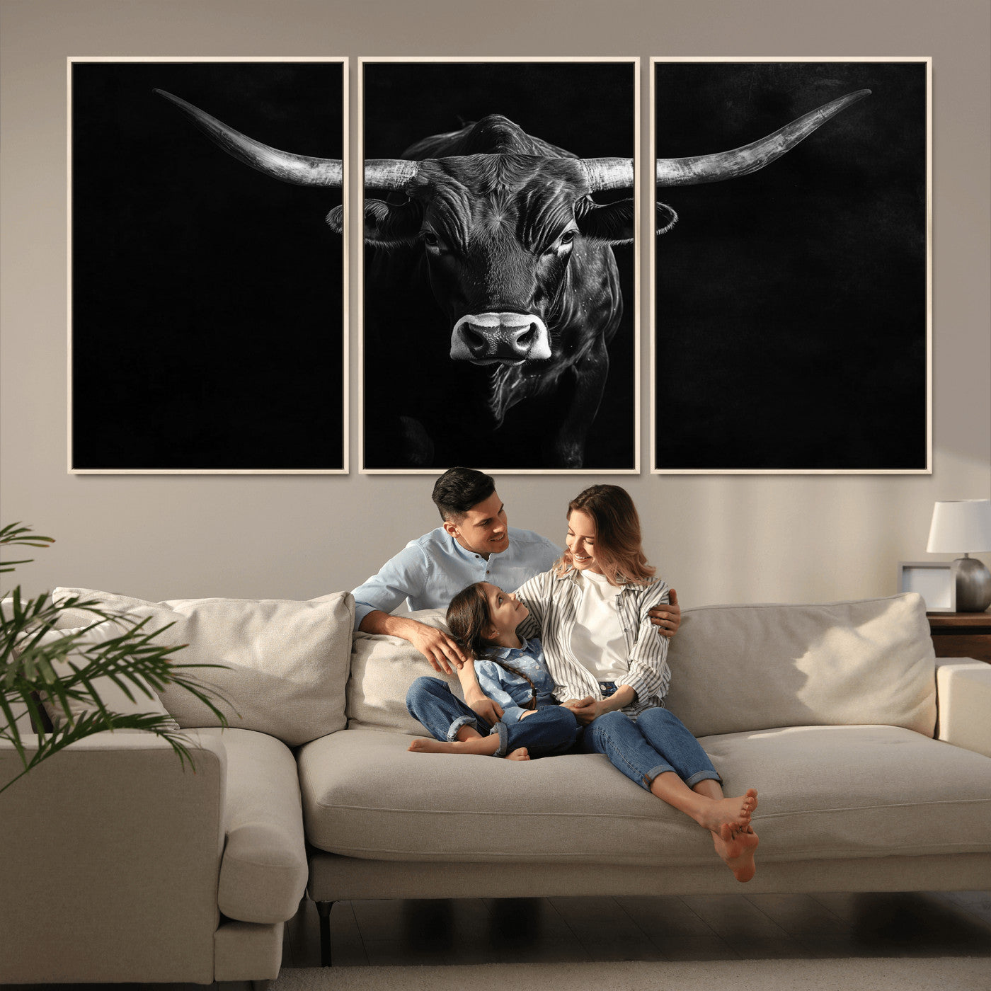 MGV-FC-60X30-3P - Texas Longhorn Wall Art Canvas Print, Framed Monochrome Bull Art Picture Print, Horned Bull Perfect Rustic Western Decor Artwork