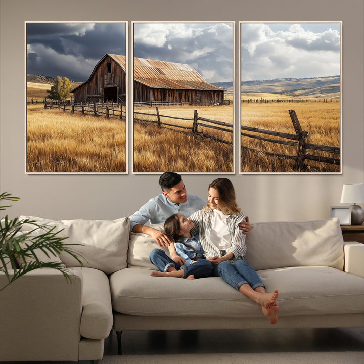 Canvas of a weathered wooden barn in a golden field under a dramatic sky, perfect for rustic or farmhouse-style wall decor.