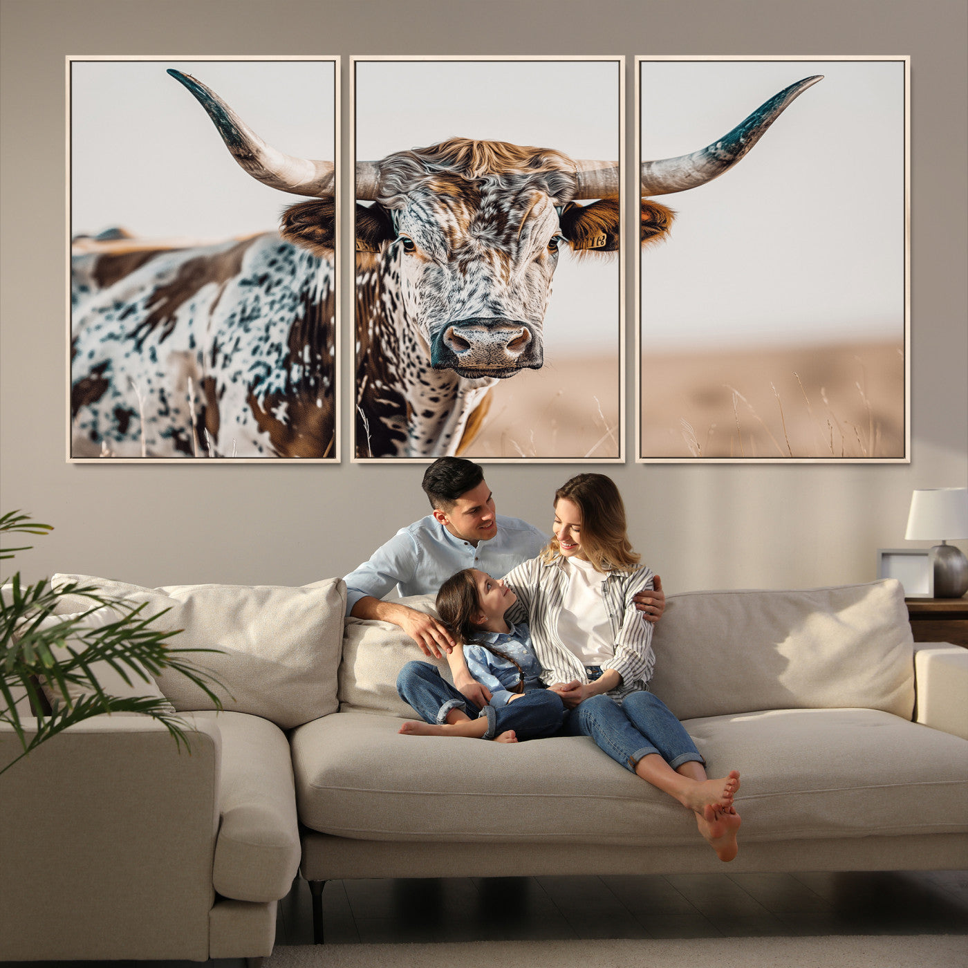 Canvas of a speckled Texas longhorn with wide curved horns and warm tones, perfect for rustic or country-style wall decor.