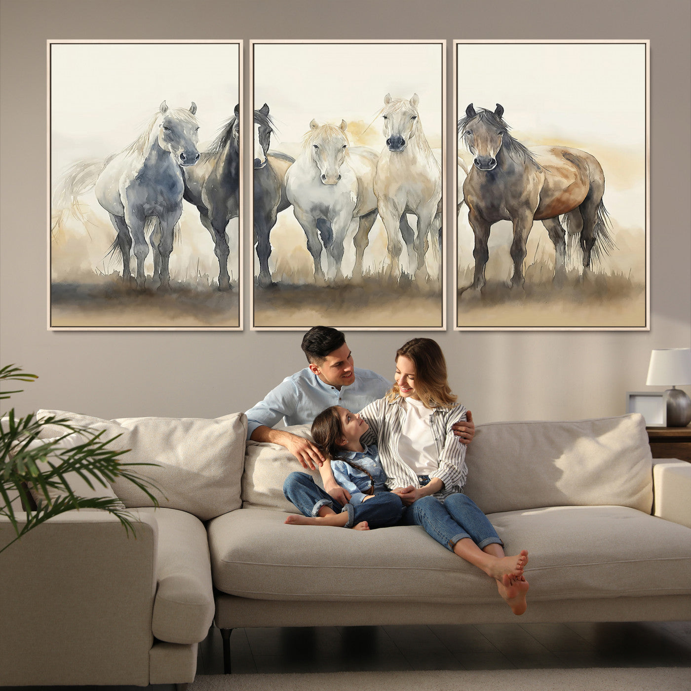 Watercolor illustration of five wild horses in soft neutral tones, perfect for rustic or western-style home decor with a calming natural vibe.