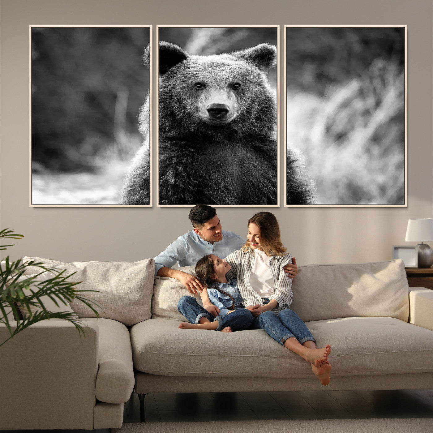 Black and white portrait of a grizzly bear with sharp detail and intense gaze, ideal for neutral-toned wildlife or rustic nature decor.