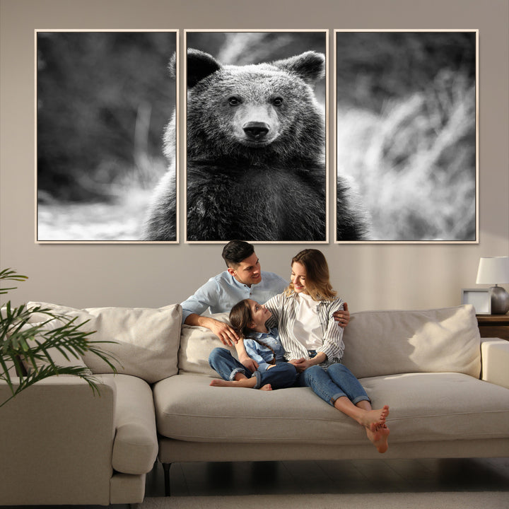Grizzly Bear Wall Art Canvas Print, Framed Black White Bear Art Picture Print, Wild Bear Perfect Rustic Wildlife Decor