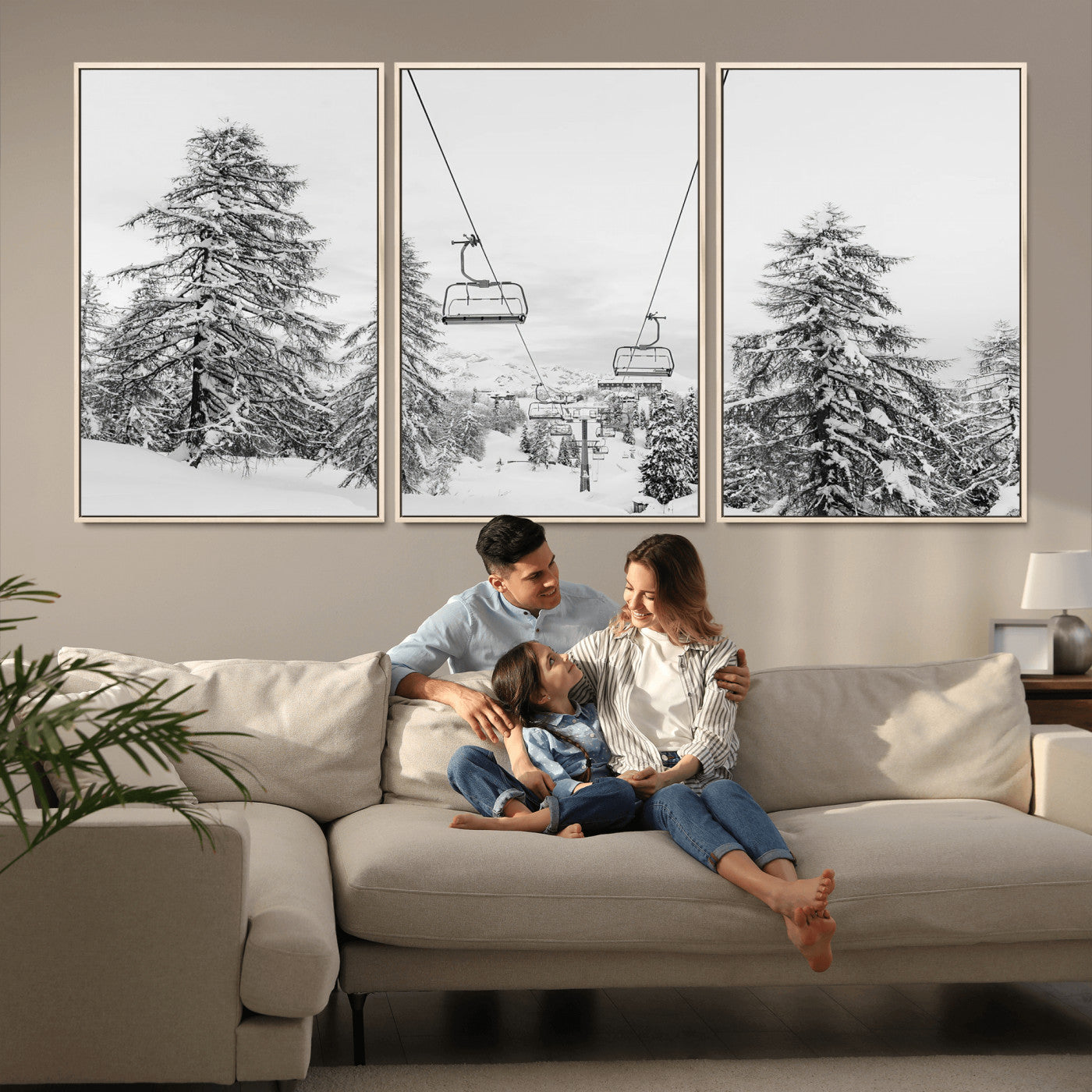 MGV-FC-60X30-3P - Wall Art Canvas Print Winter Chairlift Views Silent Snow-Covered Pines Mountain Calm Serenity Frozen