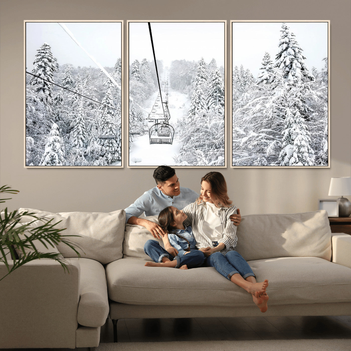 MGV-FC-60X30-3P - Snowy Mountains Wall Art Canvas Print, Framed Ski Lift Art Picture Print, Winter Forest Perfect