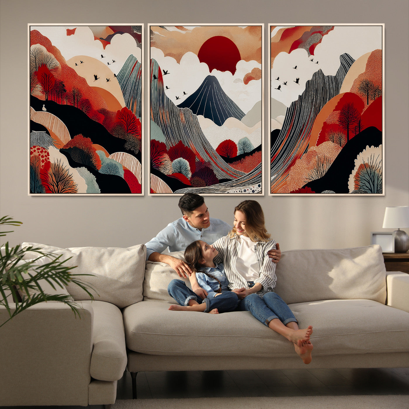 Abstract nature illustration with a red sun, mountains, and vibrant landscapes in graphic style, perfect for contemporary minimalist home decor. Ideal for modern spaces.
