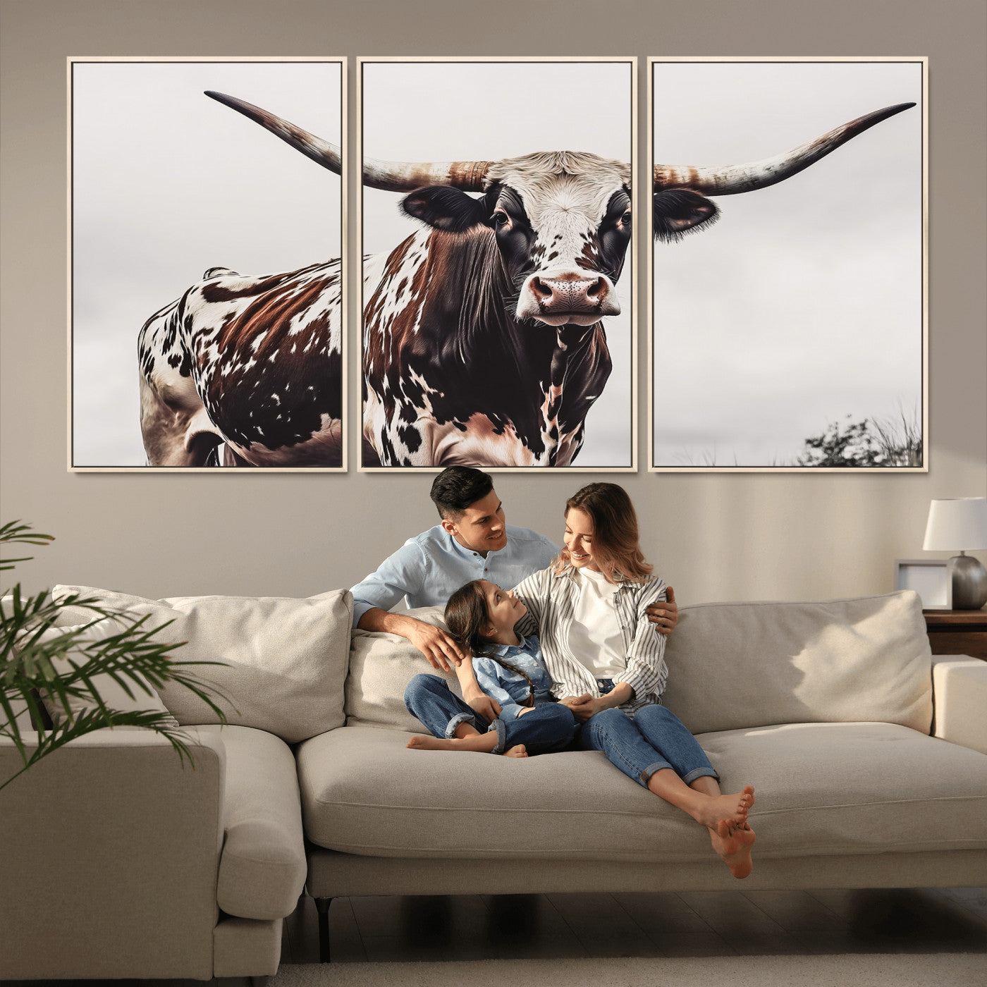 Close-up of a Texas Longhorn bull with powerful horns, perfect for rustic farmhouse or country-themed home decor. Ideal for animal lovers.