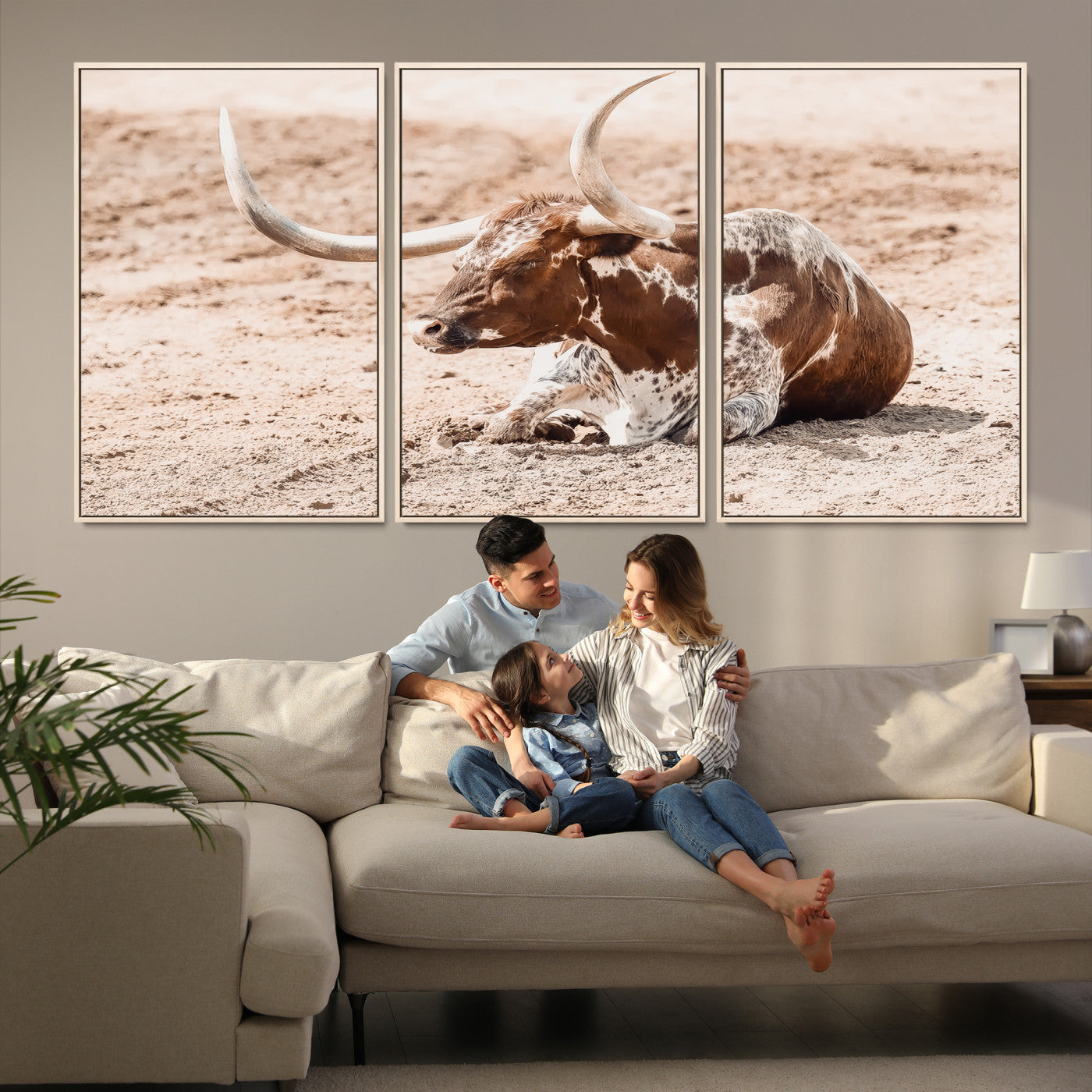 91248682-MGV-FC-60X30-3P-Texas Longhorn Wall Art Canvas Print, Framed Resting Bull Art Picture Print, Spotted Cattle Perfect Rustic Western Decor, Spotted Cattle