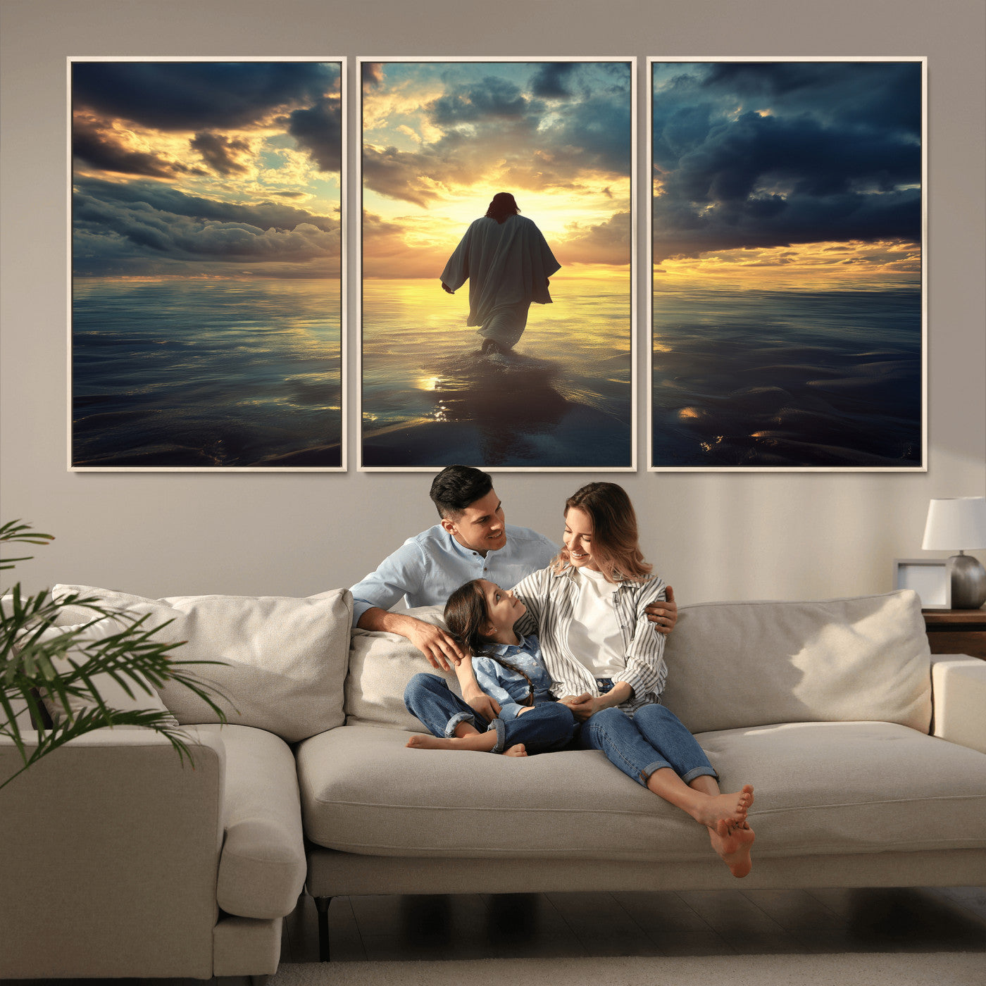 MGV-FC-60X30-3P - Jesus Walks Wall Art Canvas Print, Framed Divine Sunset Art Picture Print, Spiritual Light Perfect Spiritual Tranquil Decor Artwork