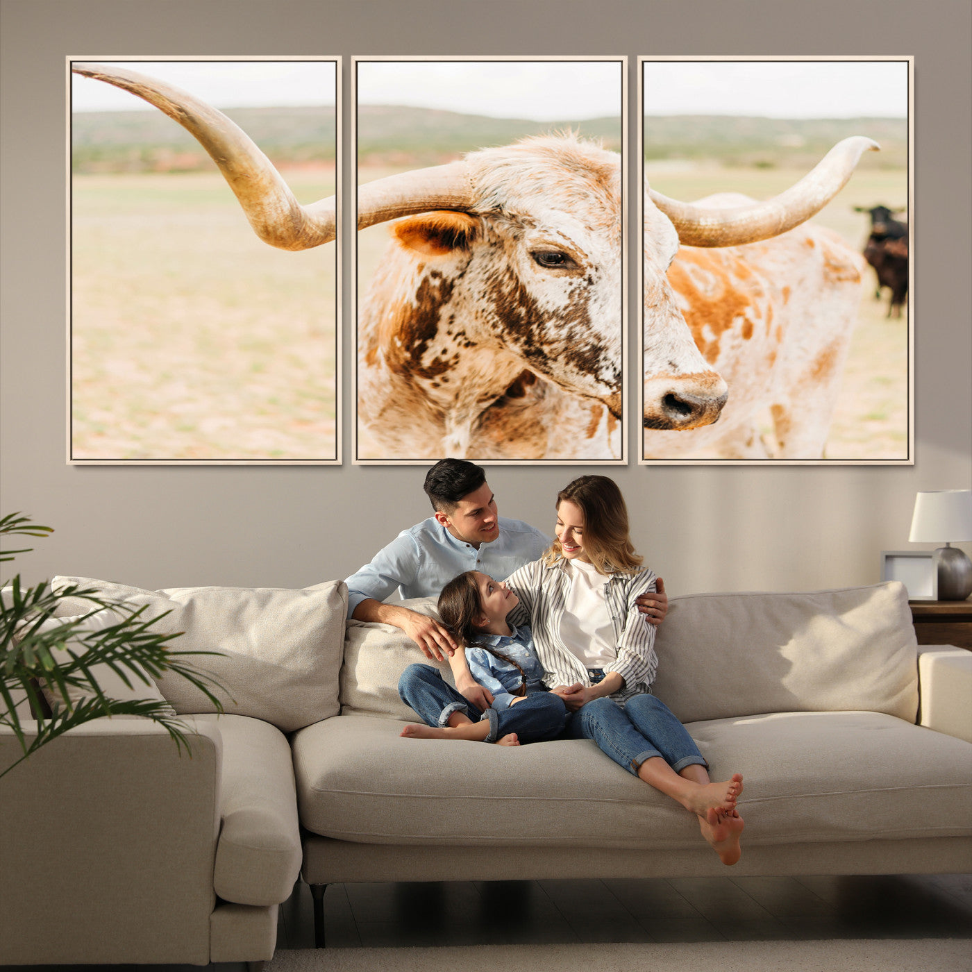 21060648-MGV-FC-60X30-3P-Texas Longhorn Wall Art Canvas Print, Framed Speckled Cow Art Picture Print, Rustic Bull Perfect Rustic Western Decor, Framed Speckled Cow