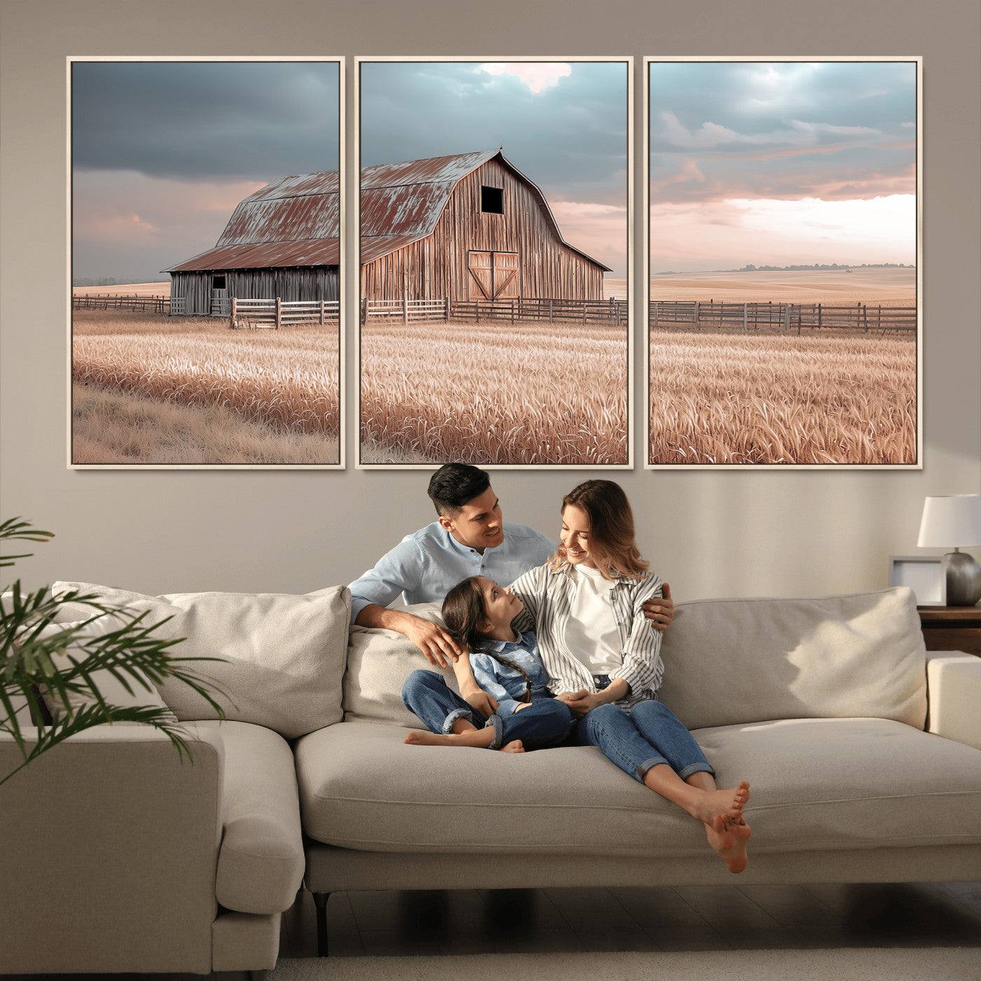 36878364-MGV-CV-48X32-3P-Rustic Barn Wall Art Canvas Print, Framed Wheat Field Art Picture Print, Sunset Barn Perfect Vintage Farmhouse Decor Artwork