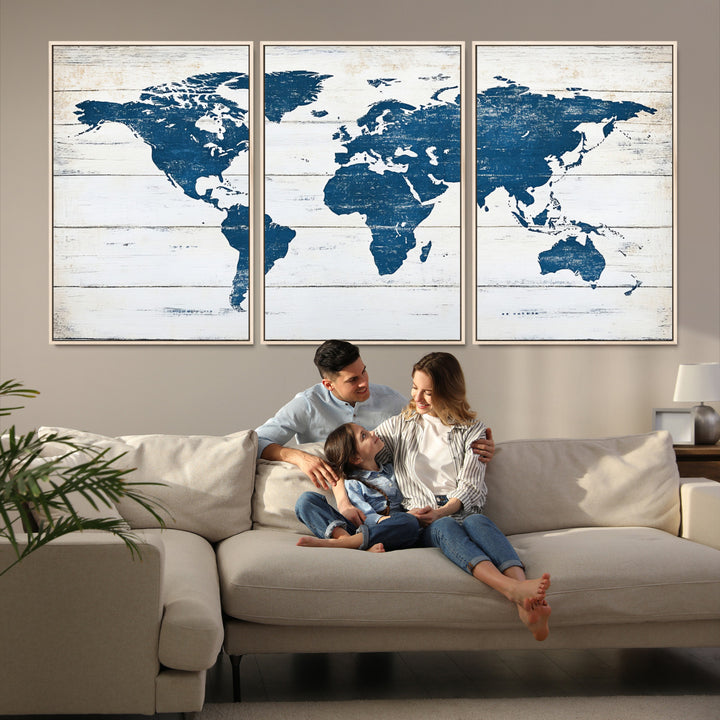 Rustic world map with blue continents on distressed wooden planks, perfect for coastal, explorer, or vintage-style wall decor.