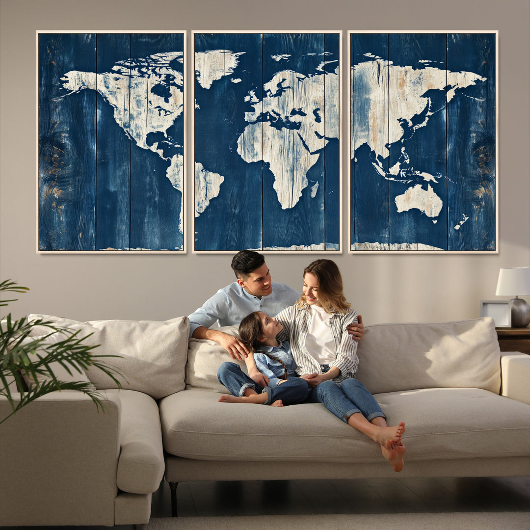 World Map Wall Art Canvas Print, Rustic Map Print, Framed Wooden World Map Art Print, Large Antique Map Decor Printing Perfect for Vintage Decor