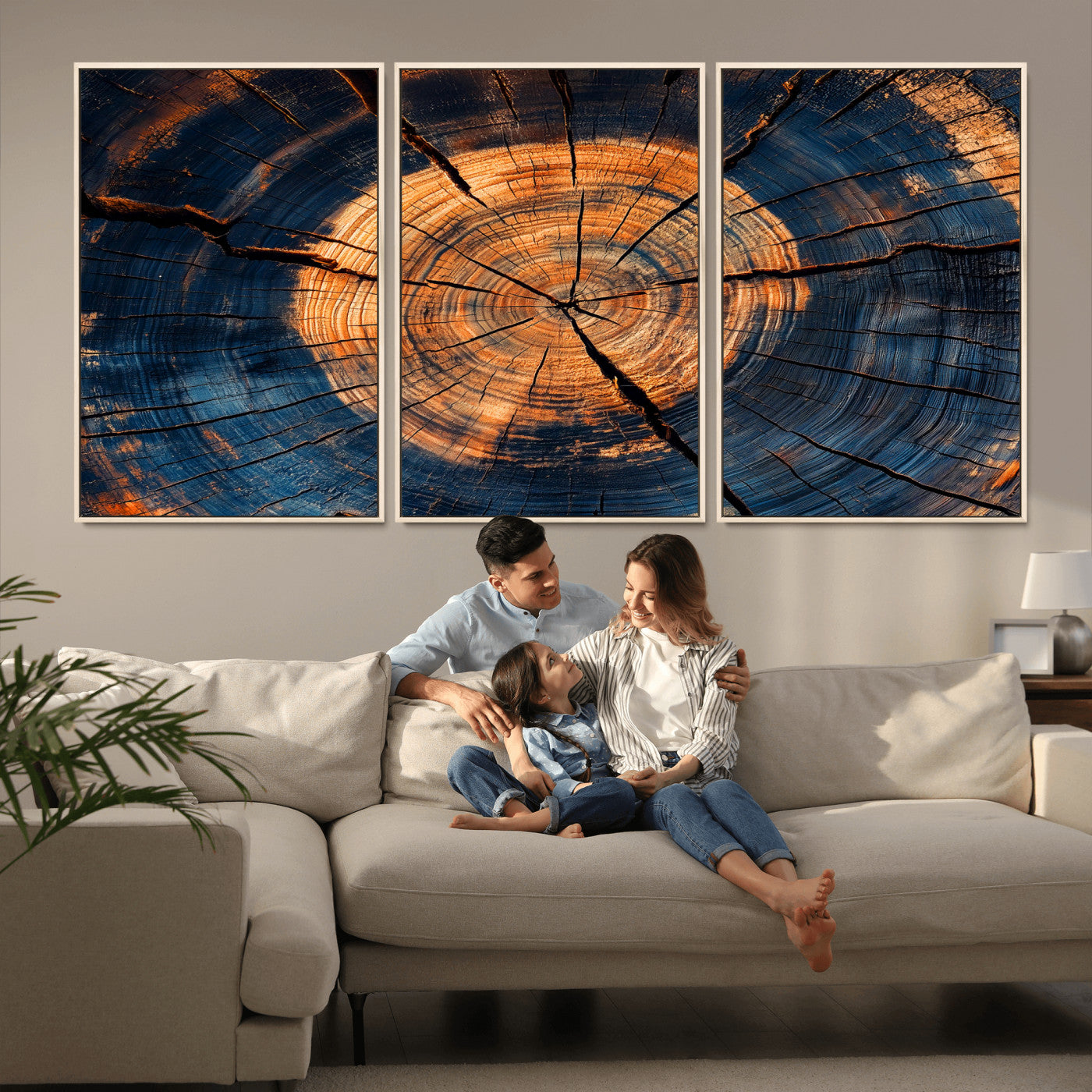 MGV-FC-60X30-3P - Burnt Wood Wall Art Canvas Print, Framed Aged Timber Art Picture Print, Rustic Tree Slice Perfect Rustic Decor Artwork