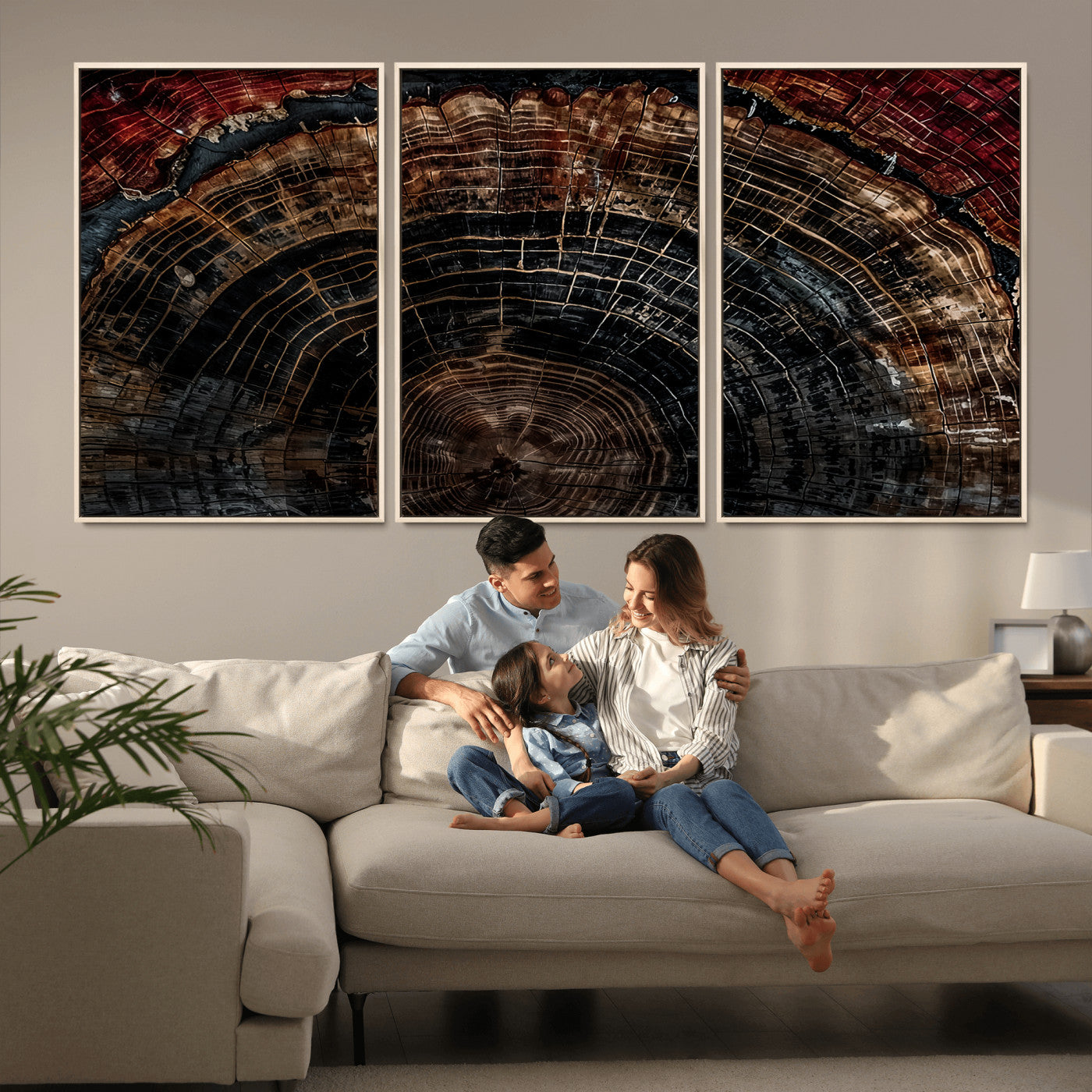 MGV-FC-60X30-3P - Dark Wood Ring Wall Art Canvas Print, Framed Abstract Wood Tree Art Picture Print, Rustic Tree Slice Perfect Rustic Decor Artwork