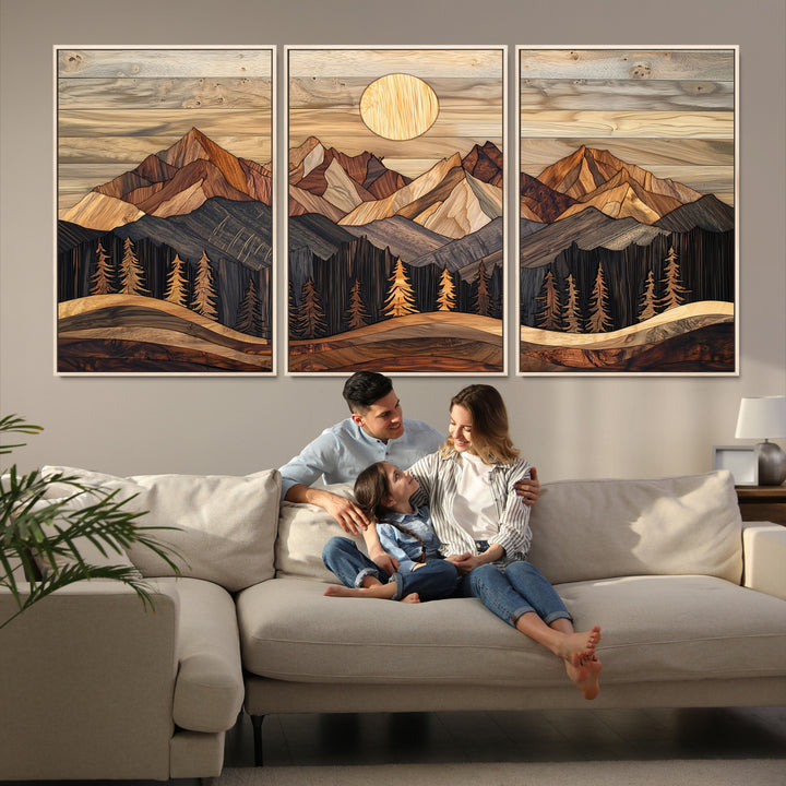 50100230-MGV-FC-60X30-3P_Natural-Wood Mountain Wall Art Canvas Print, Framed Boho Wood Art Print, Abstract Woodland Farmhouse Decor