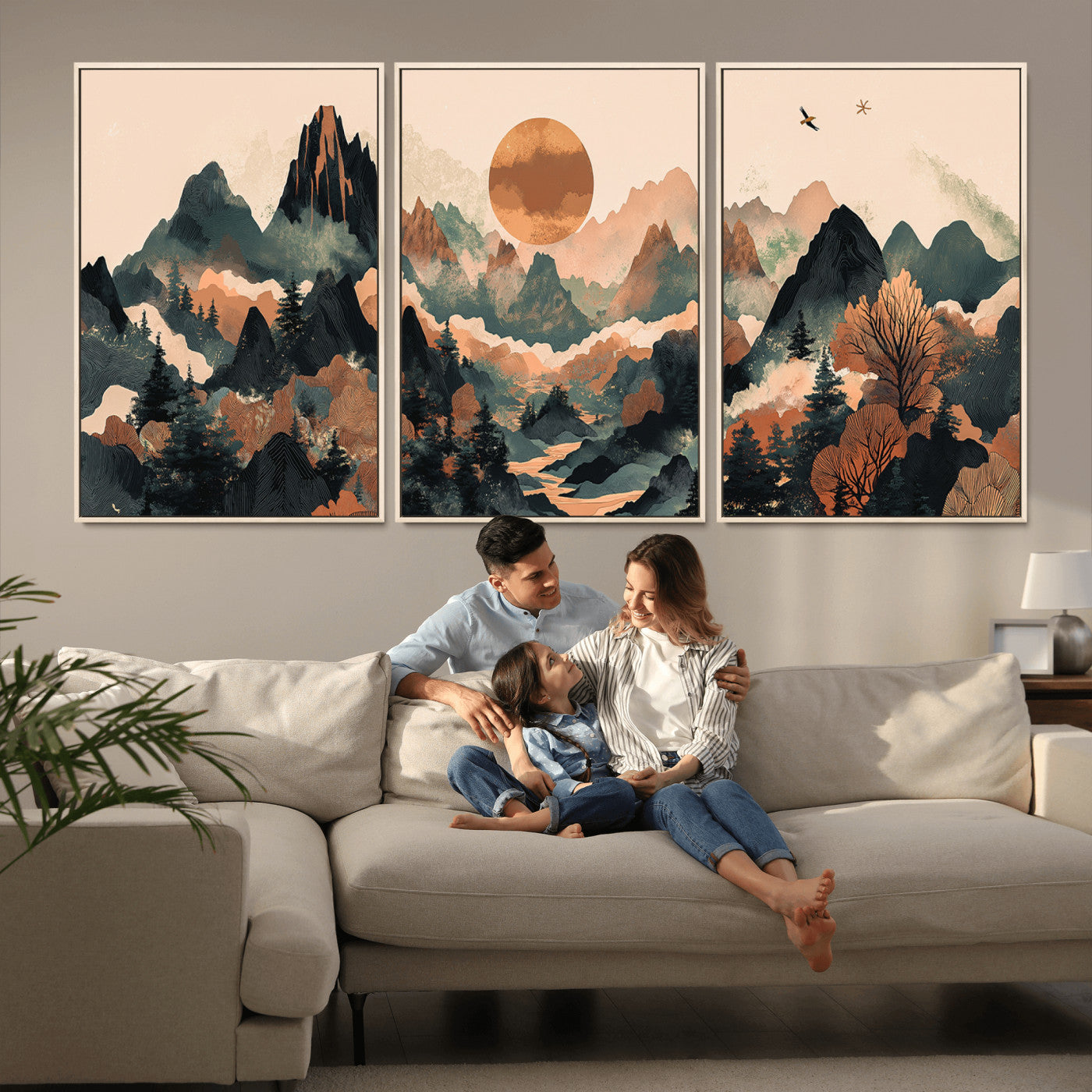 MGV-FC-60X30-3P - Wood Mountain Landscape Wall Art Canvas Print, Framed Sunset Hills Art Picture Print, Abstract Nature Perfect Boho Decor Artwork