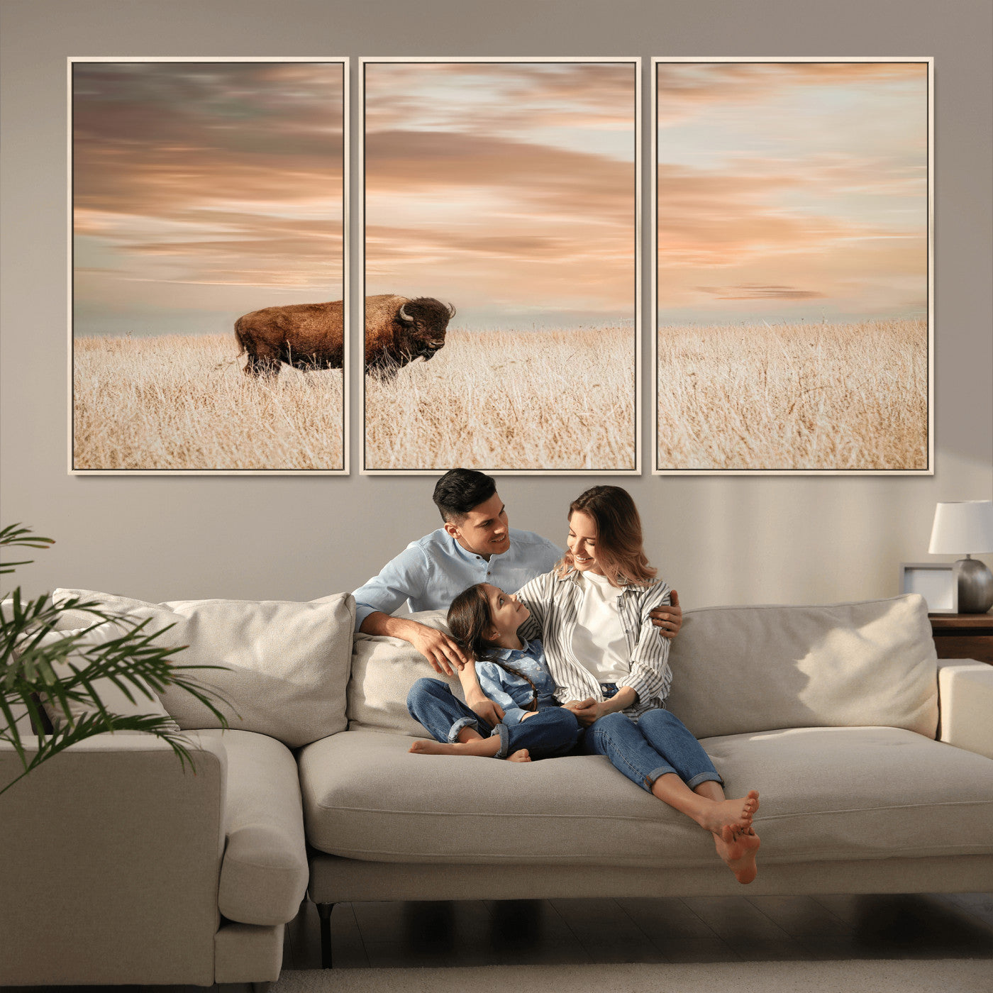 MGV-FC-60X30-3P - Bison Wall Art Canvas Print, Framed Buffalo Art Picture Print, Western Prairie Perfect Rustic Decor Artwork