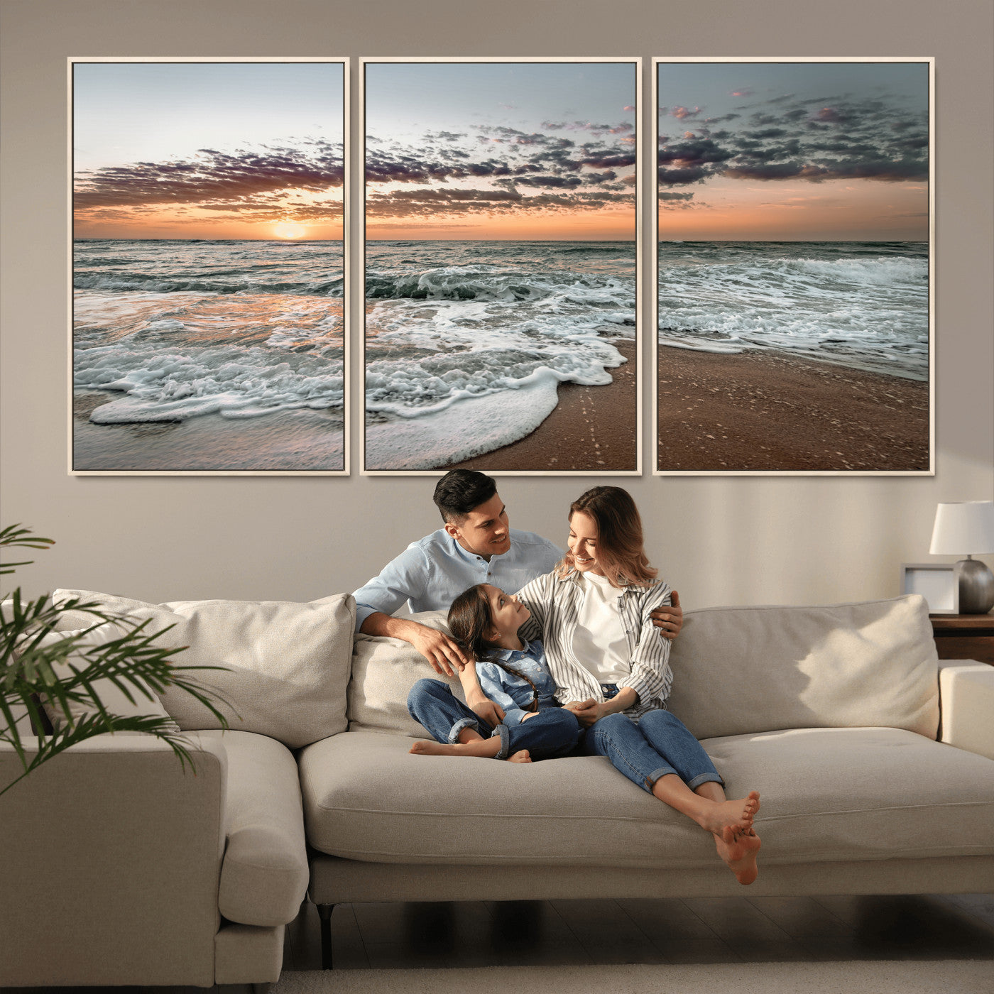 MGV-FC-60X30-3P - Ocean Sunset Wall Art Canvas Print, Framed Beach Waves Art Picture Print, Coastal Scene Perfect Coastal Decor Artwork