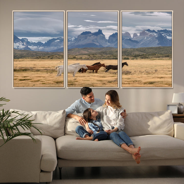 69960232-MGV-FC-60X30-3P-Wild Horses Wall Art Canvas Print, Framed Patagonian Peaks Art Picture Print, Torres del Paine Perfect Rustic Patagonian Freedom Decor, Wild