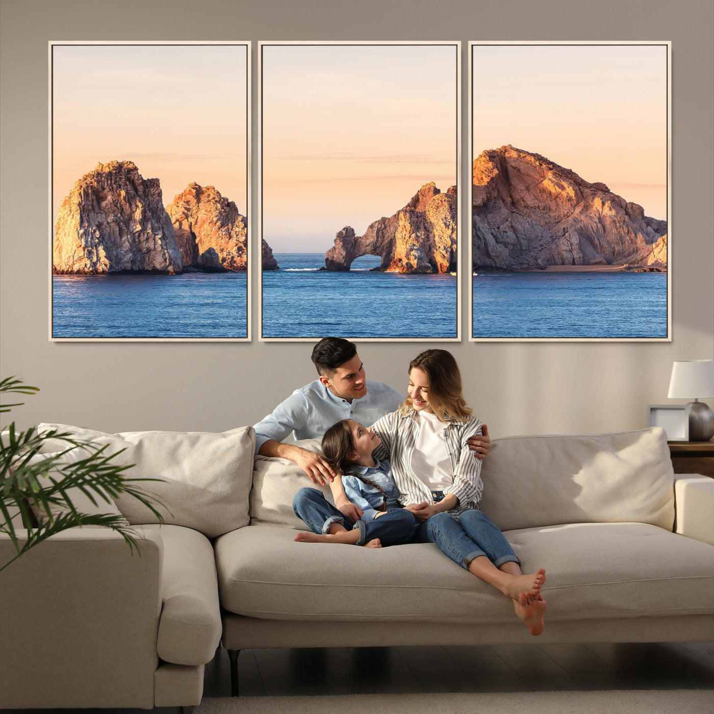 72996116-MGV-FC-60X30-3P-El Arco Wall Art Canvas Print, Framed Cabo Rocks Art Picture Print, Ocean Arch Perfect Golden Coastal Landmark Decor, The Arch Canvas Print