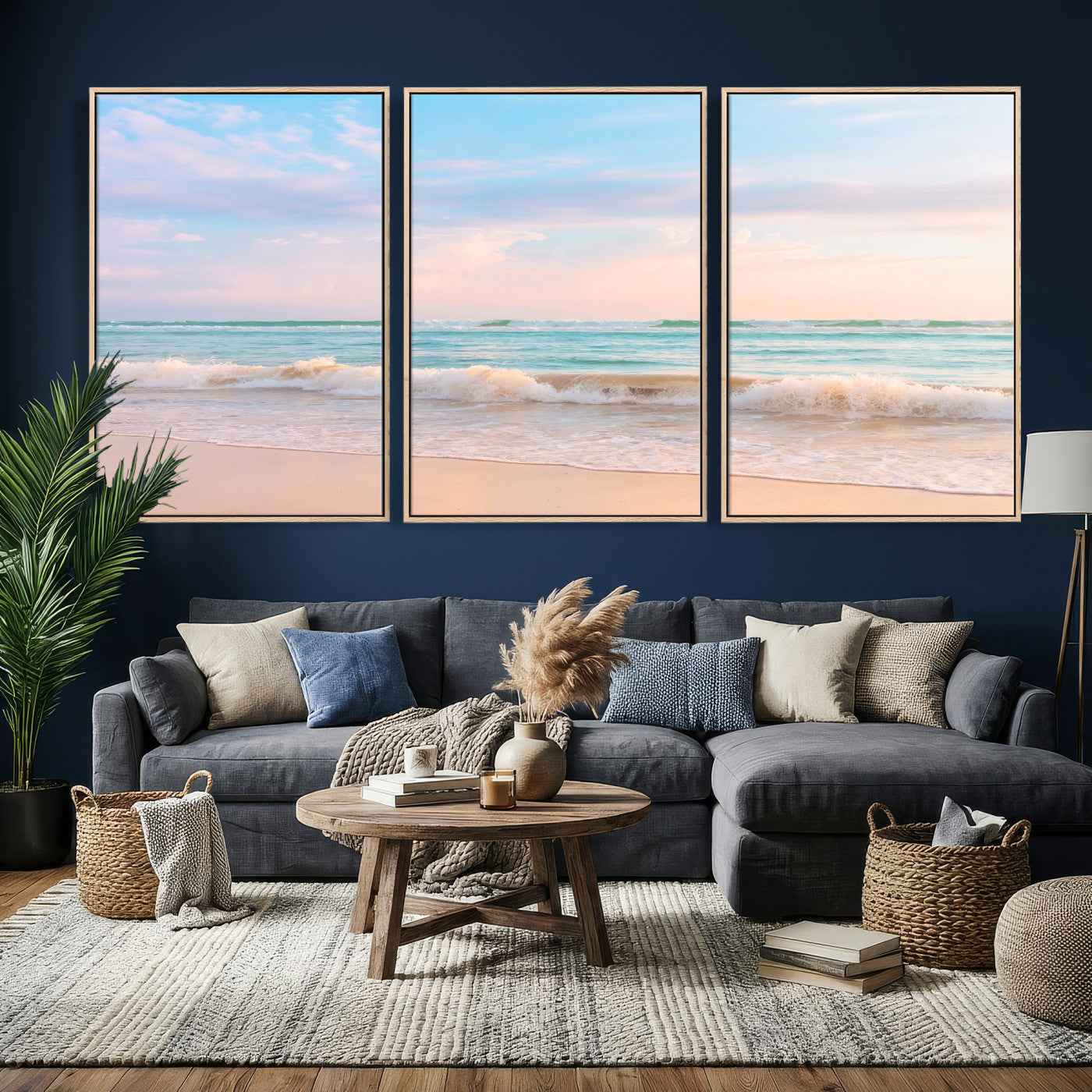 74679437-MGV-CV-36X24 - Serene Waves Wall Art – Golden Shore & Soft Pastel Sky Canvas Print, Gentle Ocean and Peaceful Sunset for Living Room or Office