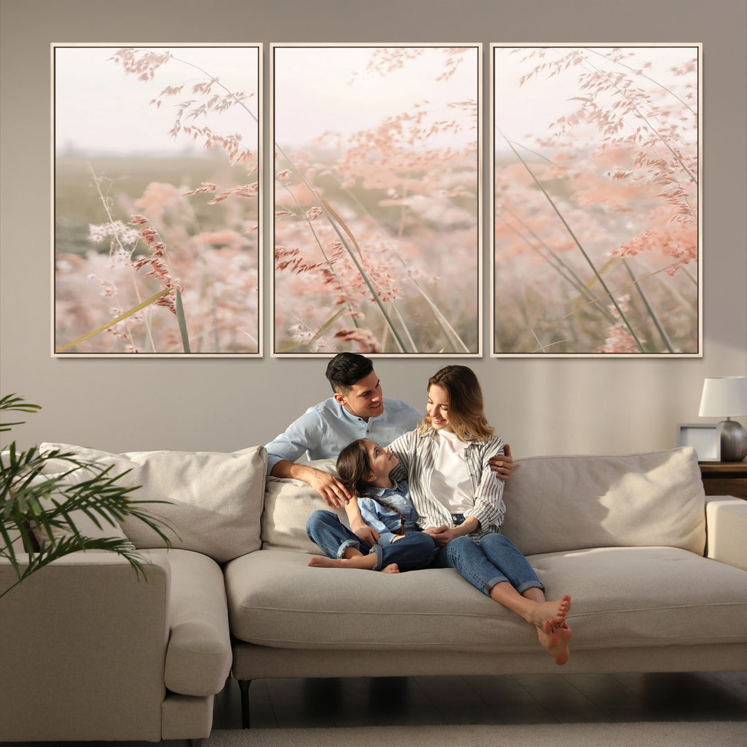 Pastel Grasses Wall Art Canvas Print, Soft Meadow Print, Framed Field in Breeze Art Print, Large Pink Meadow Printing Soft Pastel