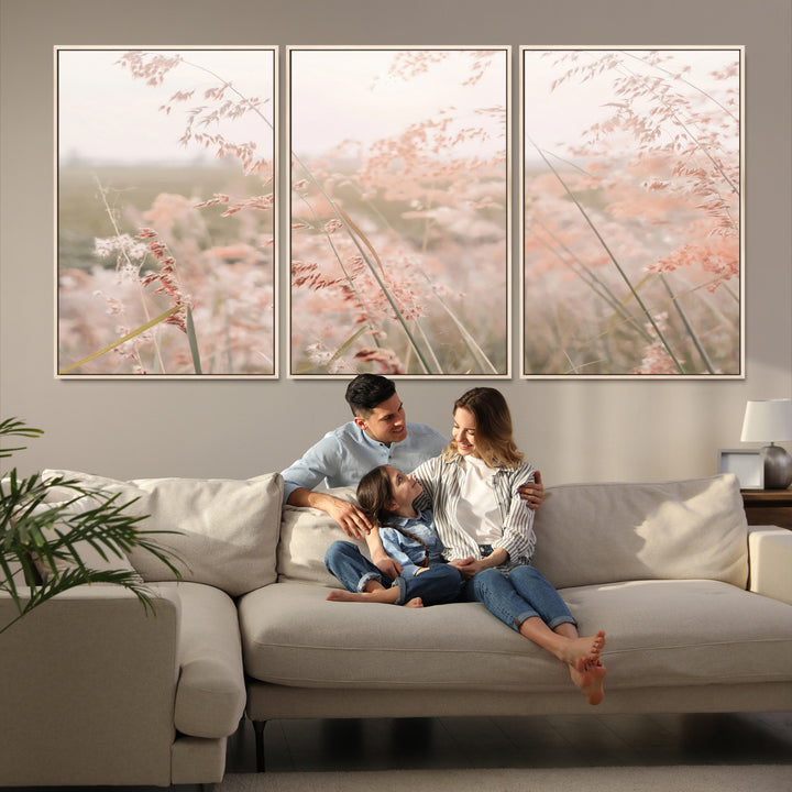Pastel Grasses Wall Art Canvas Print, Soft Meadow Print, Framed Field in Breeze Art Print, Large Pink Meadow Printing Soft Pastel