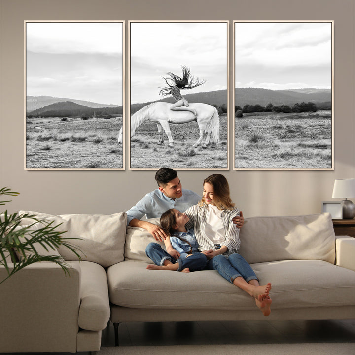 White Horse Wall Art Canvas Print, Woman Rider Print, Framed Equestrian Pose Art Print, Large Grazing Horse Printing Western Boho