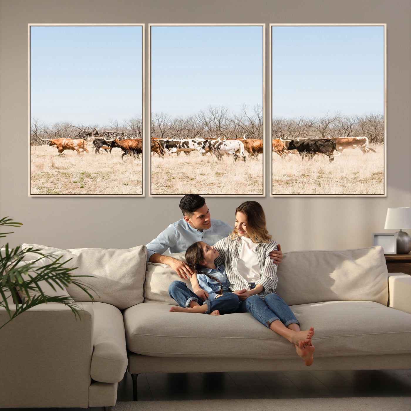 16563092-MGV-FC-60X30-3P_Natural-Texas Longhorns Wall Art Canvas Print, Western Cattles Print Wall Art, Framed Rustic Herd Art Print, Large Country Cows Printing Rustic