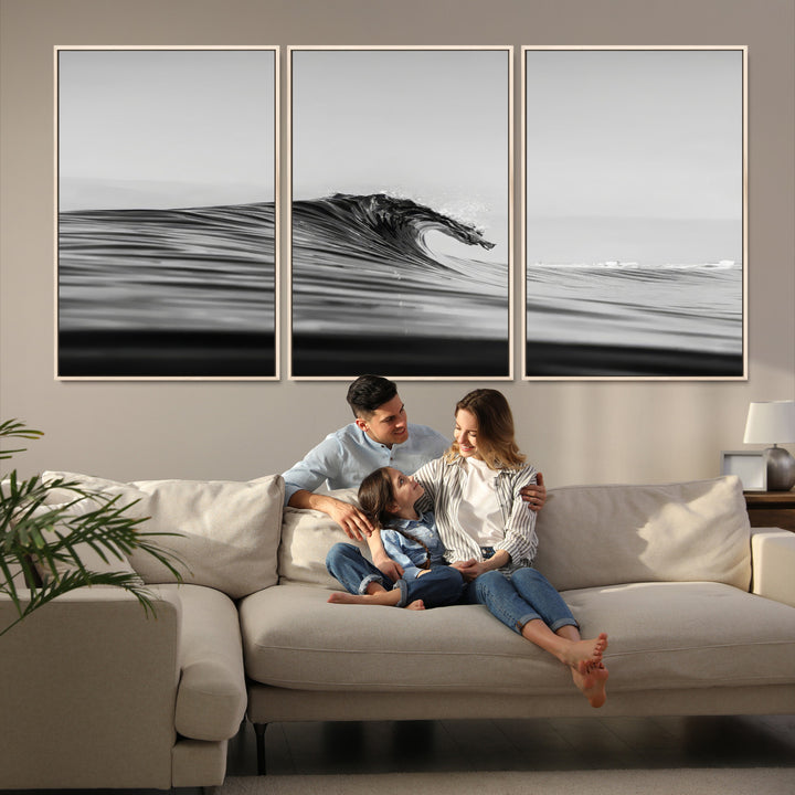 Black Wave Wall Art Canvas Print, Abstract Surf Print, Framed Minimalist Ocean Art Print, Large Black Water Printing Minimalist