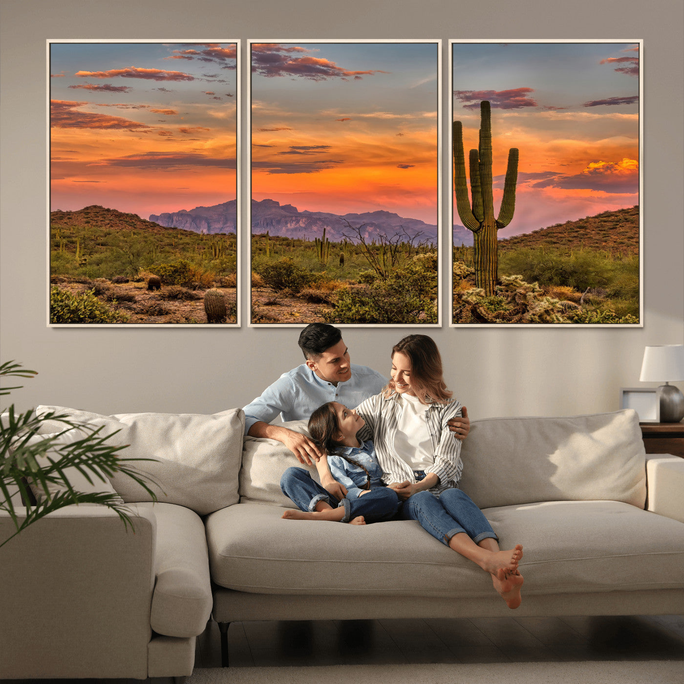 MGV-FC-60X30-3P - Saguaro Cactus Wall Art Canvas Print, Framed Arizona Sunset Art Picture Print, Sonoran Desert Perfect Southwestern Boho Decor Artwork