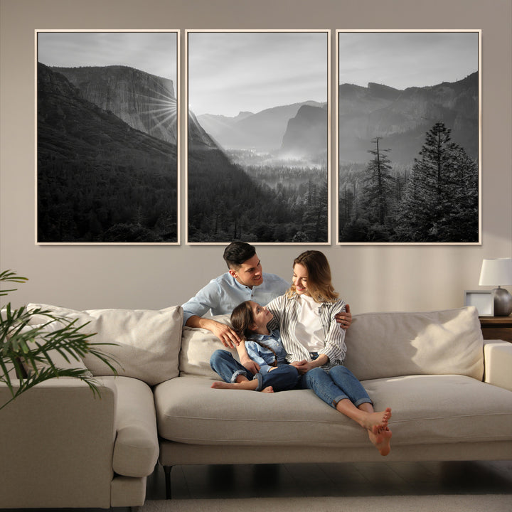 Yosemite Valley Wall Art Canvas Print, El Capitan Sunrise Print, Framed Misty Mountain Art Print, Large Monochrome Valley Printing