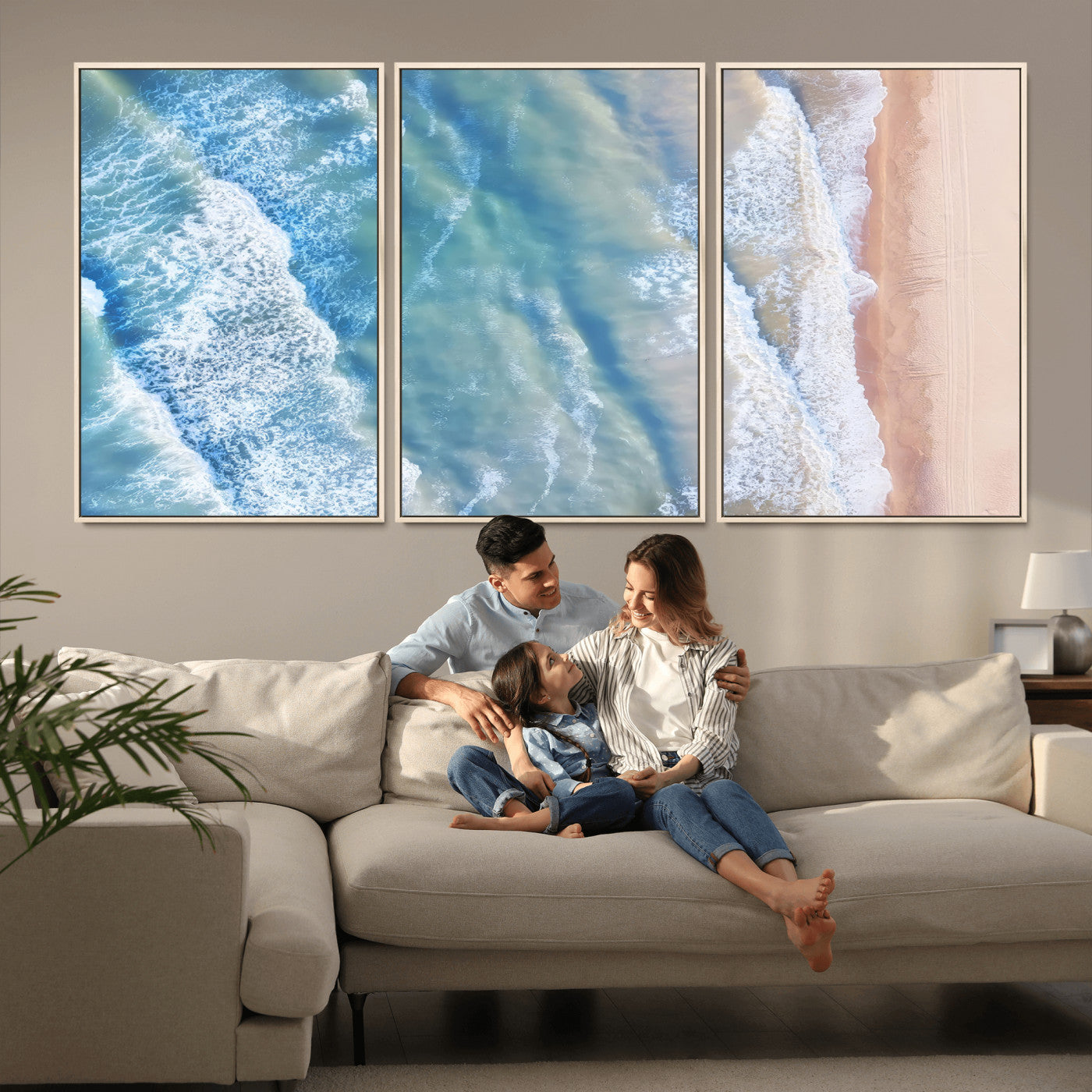 MGV-FC-60X30-3P - Aerial Ocean View Wall Art Canvas Print, Framed Soft Blue Waves Art Picture Print, Sandy Shoreline Perfect Modern Coastal Decor Artwork