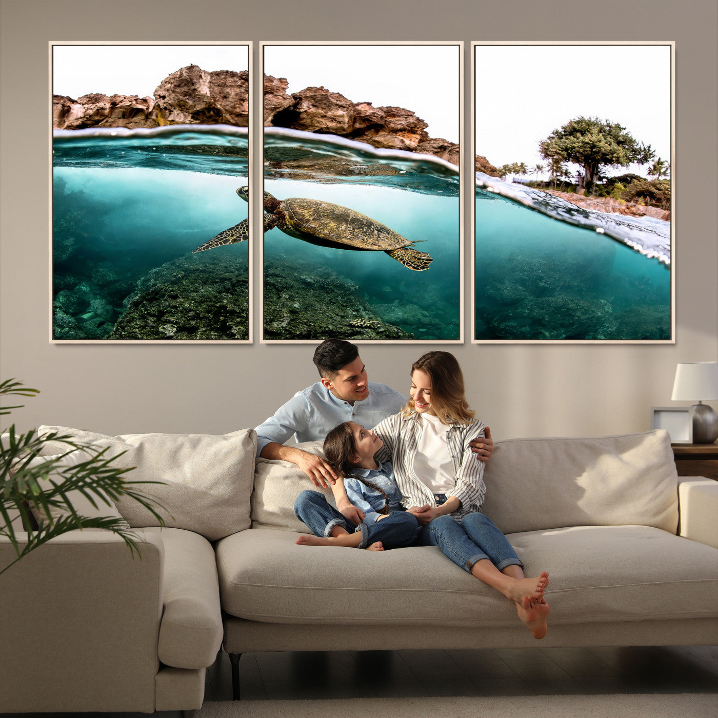 44200301-MGV-FC-60X30-3P-Sea Turtle Wall Art Canvas Print, Framed Ocean Life Art Picture Print, Tropical Perfect Coastal Decor